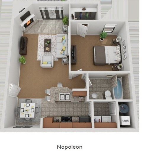 Floor plan for 1 bed, 1 bath, 888 sqft